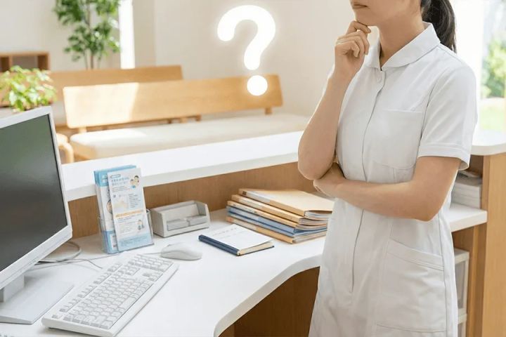 医療機関の受付で業務負担に悩むスタッフのイメージ