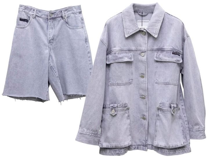 ワークテイストのカバーオール（₩328,000）と、切りっぱなしの裾がラフなハーフパンツ（₩168,000）はセットアップでも単品で着てもお洒落。