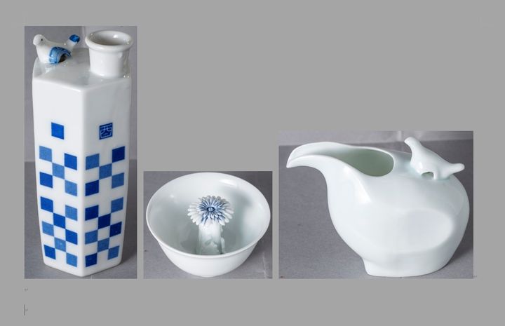 左から鳴き片口徳利3686円、十分杯4114円、鳴き徳利●●円