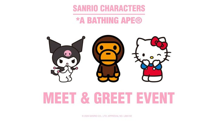A BATHING APE®と、世界中で世代を問わず愛されているサンリオのキャラクターとのコラボレーションローンチを記念し、発売当日の2026年2月28日（土）、BAPE STORE® SHIBUYAにて、BAPE®のマスコットキャラクターBABY MILO®と、KUROMIおよびHELLO KITTYによるMeet ＆ Greetイベントが開催する。