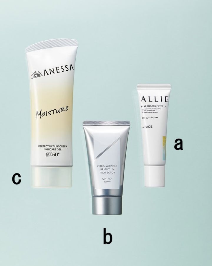 アリィー クロノビューティ フラットスムースフィルターUV SPF50+・PA++++ 30g ¥2,178（編集部調べ）／カネボウ化粧品【1/31発売】、リンクル ブライト UV プロテクター N［医薬部外品］ SPF50+・PA++++ 50g ¥3,850／オルビス【2/20発売】、アネッサ パーフェクト UV スキンケア ジェル NB SPF50+・PA++++ 90g ¥2,508（編集部調べ）／資生堂【2/21発売】