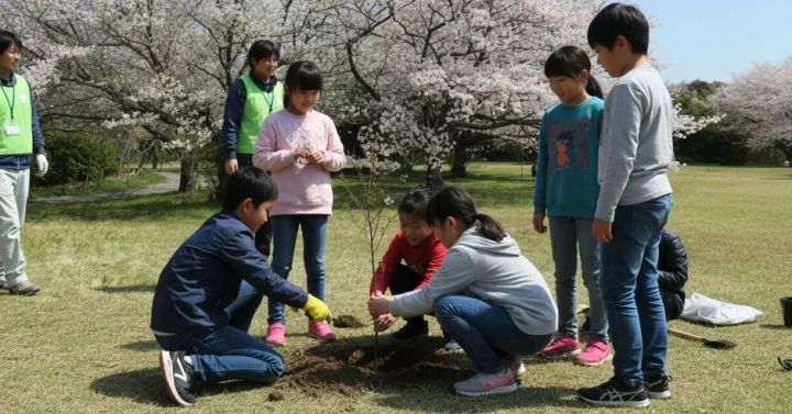 子どもたちが桜の苗木を植える様子
