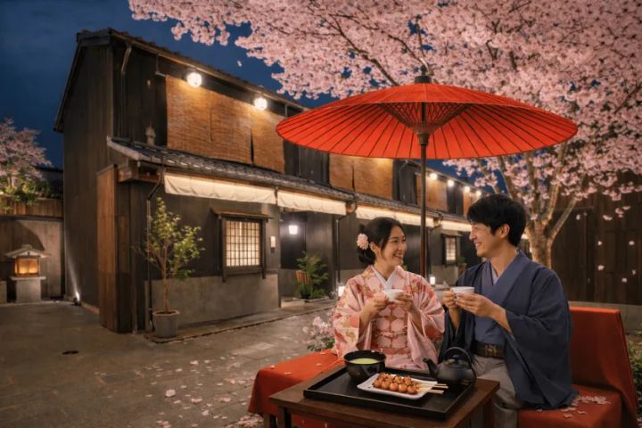 桜の下で茶屋体験を楽しむNazuna京都椿通の春イベント