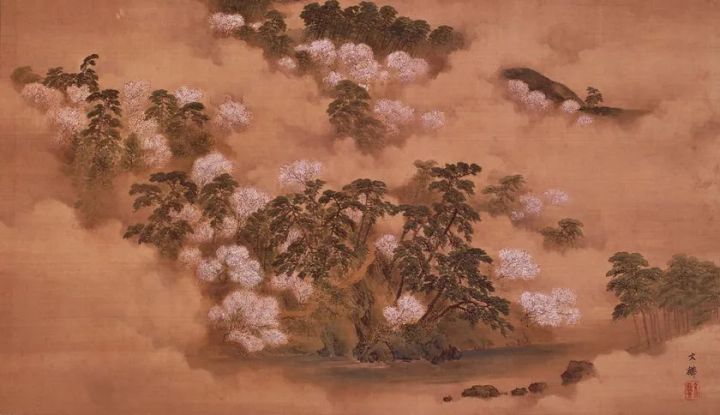 桜と松を描いた日本美術作品の一場面