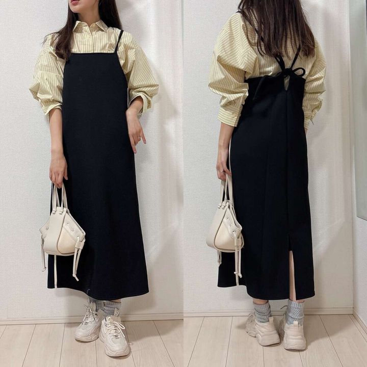 GUドルマンスリーブストライプシャツとワンピースコーデ