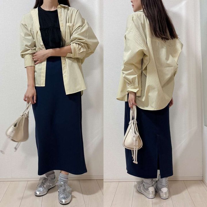 GUドルマンスリーブストライプシャツの羽織コーデ