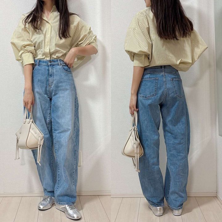 GUドルマンスリーブストライプシャツとデニムコーデ