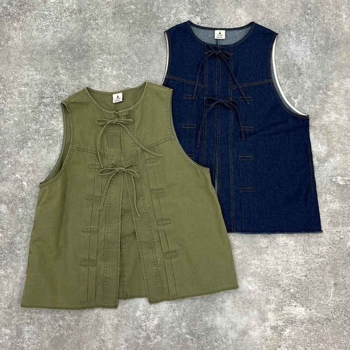 画像: アソートフロント リボンベスト（カーキ/インディゴデニム）各￥6,600 出典：ニコアンド