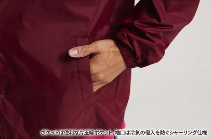 片玉縁ポケットと袖シャーリングを示した着用ディテール