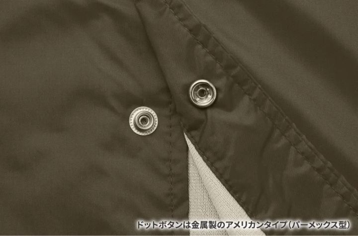 金属ドットボタンを接写したコーチジャケット前立て