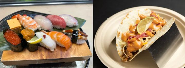 寿司とタコスを並べた道頓堀屋台村祭の料理写真
