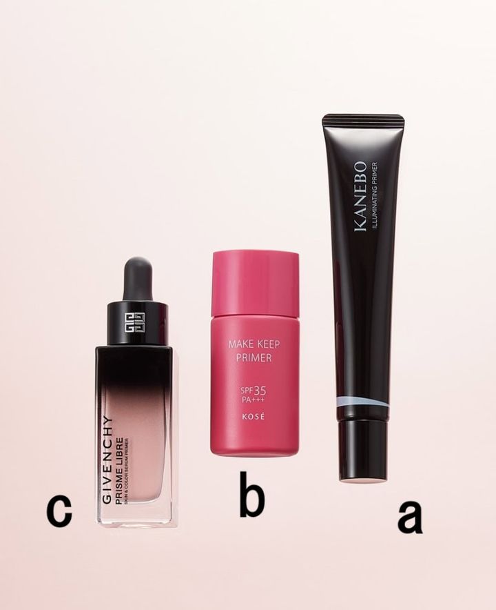 カネボウ イルミネイティングプライマー SPF22・ PA++ 30g ¥4,950／カネボウインターナショナルDiv.【2/13発売】、メイク キープ プライマー UV 01 SPF35・PA+++ ¥1,430（編集部調べ） ／コーセーコスメニエンス【1/16発売】、プリズム・リーブル・ケア＆カラー・セラム・ プライマー ピンク 30㎖ ¥7,700／パルファム ジバンシイ【2/1発売】