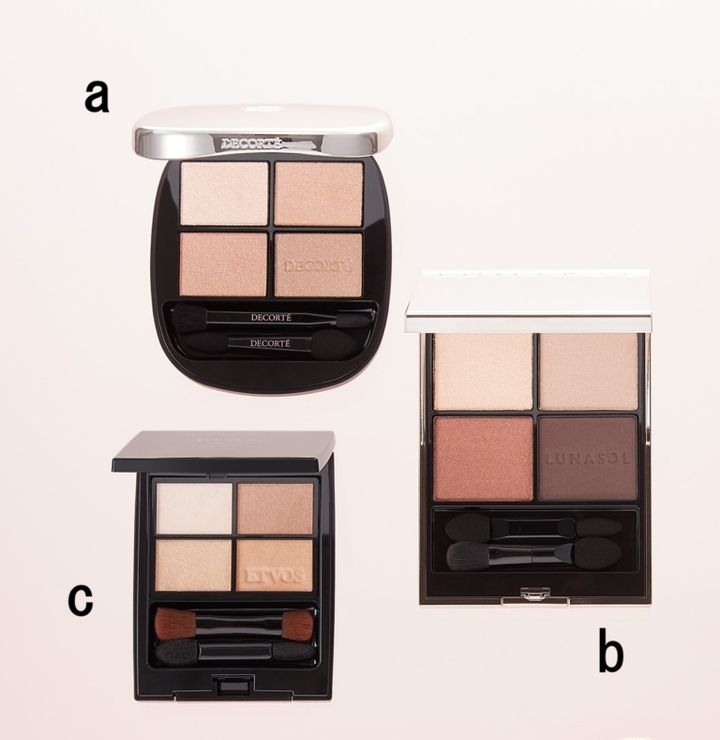 スキンシャドウ デザイニング パレット 09 ¥7,700／コスメデコルテ【1/16発売】、アイカラーレーションN 17 ¥7,700／カネボウ化粧品【1/16発売】、ネラルクラッシィシャドー アンバーハニー ¥ 4,620／エトヴォス【1/7発売】
