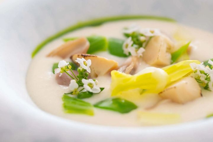 ハマグリの豊かな旨味と新玉葱の優しい甘さ。「新玉葱と蛤のスープ 春野菜を添えて」。