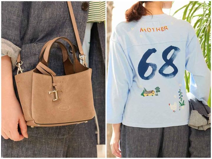 画像: （リネンジャケットで色を楽しむ）グリーンのボーダートップスを肩に巻いて