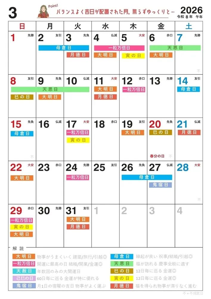 2026年3月の吉日と六曜を色分け表示した月間カレンダー