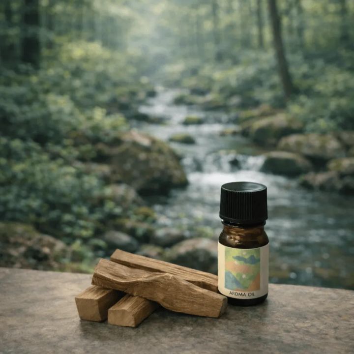 霧がかった渓流を背景にしたアロマオイルと桜木片