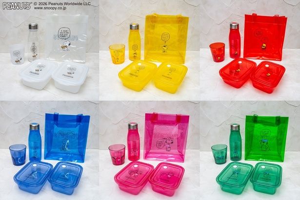 スヌーピー、ウッドストック、チャーリー・ブラウン、ライナス、ルーシー、オラフ――全6色のランチグッズが勢ぞろい