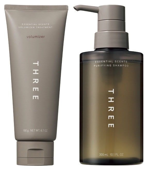 “香水ライク”なシャンプー＆トリートメント THREE エッセンシャルセンツ ピュリファイング シャンプー 300mL 、同エッセンシャルセンツ ボリューマイザー トリートメント 190g