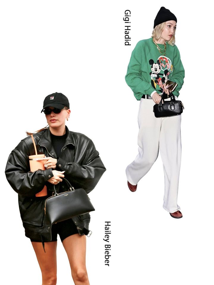 横長シルエットバッグを合わせた冬のストリートスタイル。レザーアウターやスウェットコーデに、コンパクトな横長バッグで今っぽさをプラスした大人カジュアル。