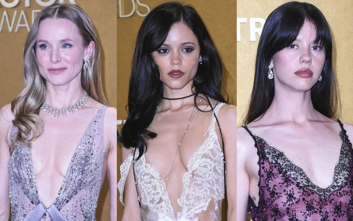 第32回アクター賞レッドカーペットに登場した（左から）クリステン・ベル、ジェナ・オルテガ、ミア・ゴス （C）AFLO width=