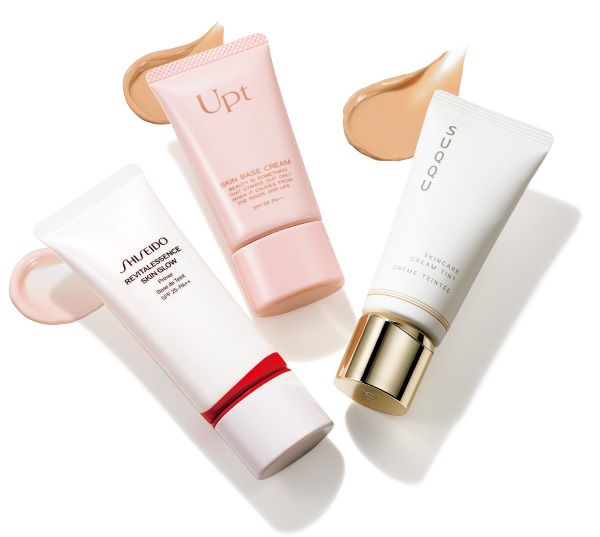 【左】SHISEIDO エッセンス スキングロウ プライマー 【中】Upt スキンベース クリーム 【右】SUQQU スキンケア クリーム ティント
