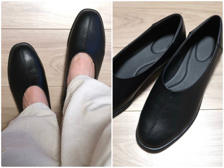 はくだけでおしゃれな足もとになれるユニクロの「スクエアフラットシューズ」。軽くて歩きやすく、どんな着こなしにも合わせやすいため「買ってよかった」おすすめのアイテムです。※画像：筆者撮影