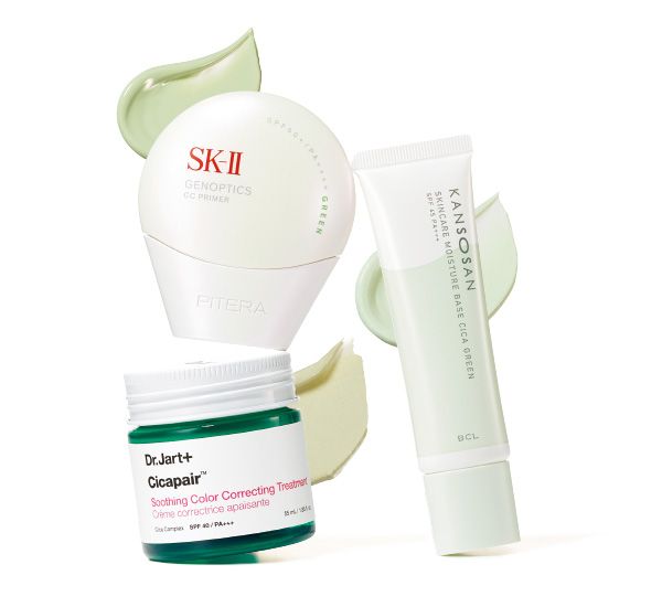 【左上】SK-II ジェノプティクス CC プライマー 【左下】ドクタージャルト シカペア S CC トリートメント 【右】乾燥さん 保湿力スキンケア下地 シカグリーン
