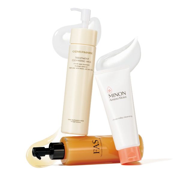 【左上】カバーマーク トリートメント クレンジング ミルク 【左下】FAS ザ クリア クレンジングジェル 【右】ミノン アミノモイスト モイストミルキィ クレンジング