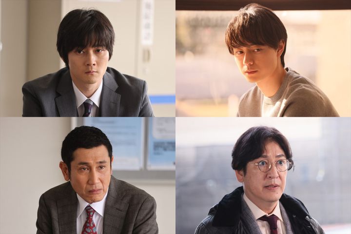 ドラマ『月夜行路 ―答えは名作の中に―』に出演する（上段左から）柳俊太郎、ACEes作間龍斗、（下段左から）渋川清彦、田中直樹 （C）日本テレビ width=
