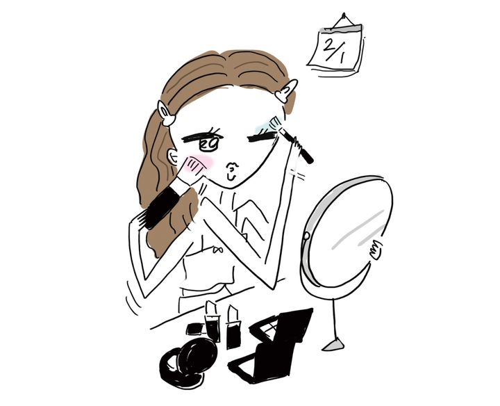 2/1のカレンダーを背景に、鏡を見ながらベースメイクやチークを仕上げる女性のイラスト。透明感のあるうるちゅる肌を目指す様子。