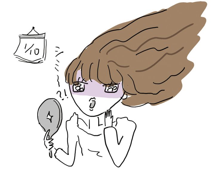 1/10のカレンダーを背景に、くすみやシミが気になり鏡を見て落ち込む女性のイラスト。肌のトーンが暗く見える様子を表現。