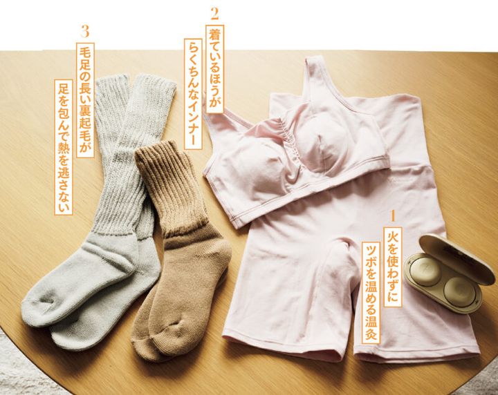 1. 火を使わずにツボを温める温灸 火を使わずに、ボタンひとつで温められる温灸。肩や首の凝りほぐしはもちろん、足首やおなかなど冷えやすい部位にも。15分で自動オフされるので、おやすみ前でも安心。 フェムオンテック 温灸¥9,900／アテックスルルド（銀座ロフト） 2. 着ているほうがらくちんなインナー 着用することでリカバリーと温活がかなうインナー。おなかまでしっかり温め、オーバーショーツしても使える4分丈ショーツと、フィット感が高く締め付けないブラ。 おうちインナー シャーリングブラ（パッド付き）¥6,820、ゴムなしボディショーツ 4分丈¥7,480／ともにベネクス 3. 毛足の長い裏起毛が足を包んで熱を逃さない 魔法びんのサーモスから生まれたあったか素材のインナーブランド。内側は体温をキャッチして保温する極起毛。長い毛足の起毛が足裏を包み込み、魔法びんの中のような温かさに。起毛であったかルームソックス （右）ミドル丈¥1,760、（左）ロング丈¥1,980／ともにアンドオンド（サーモス）