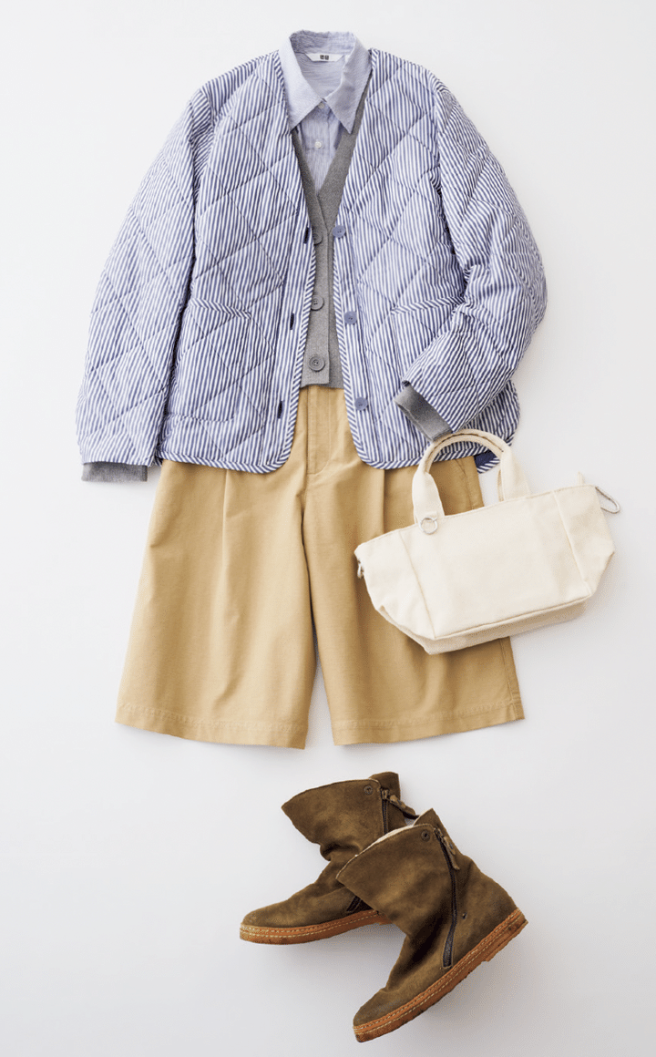 カーディガン¥3,990、ストライプシャツ¥3,990、ハーフパンツ¥2,990／すべてユニクロ、ほかはスタイリスト私物