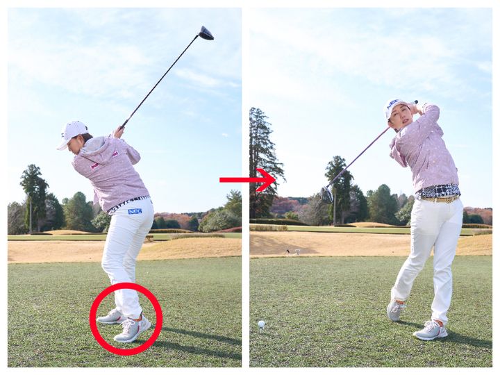 体が硬い人は「カカトを上げる」と大きく飛ぶ！すぐ実践できるドライバーのコツ