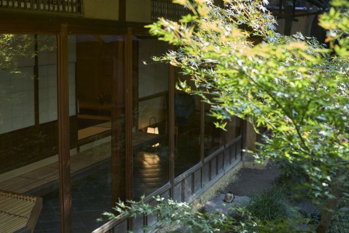 庭のもみじ越しに見える本館客室