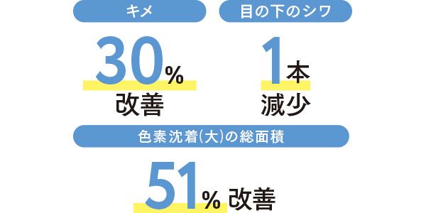 キメ：30％改善 目の下のシワ：1本減少 色素沈着（大）の総面積：51％改善