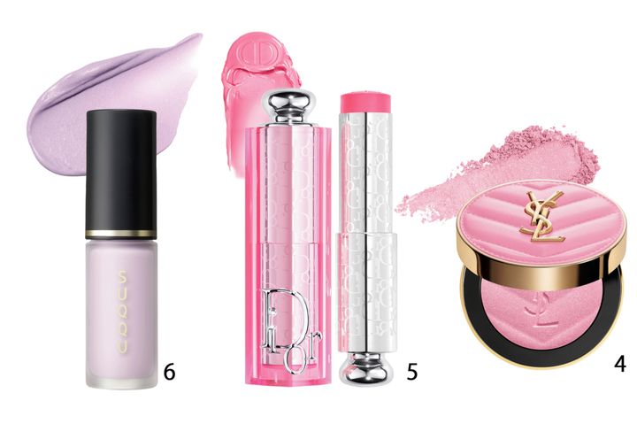 2026年春の新作チーク。左から、SUQQUのコンプレクション フェイス カラー 01 初心色-UBUIRO、Diorのバックステージ ロージー グロウ スティック 831 ウルトラピンク、SUQQUの、YSLビューティのメイクミーブラッシュパウダー #10 スターダスト ラブ 。