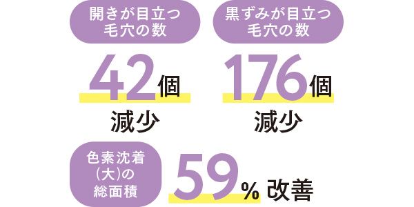 黒ずみが目立つ毛穴の数：176個減少 開きが目立つ毛穴の数：42個減少 色素沈着（大）の総面積：59％改善