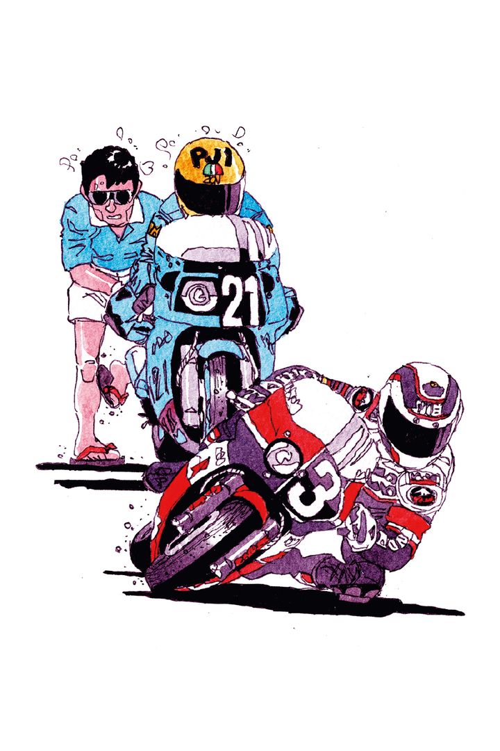 スタートでエンジンが掛からないFZR750を、半そで半ズボン姿で押し掛けしようとする平さん。そしてガードナーさんはロスマンズカラーのレーシングスーツを着て、トリコロールカラーのRVF750でトップを奪取しました