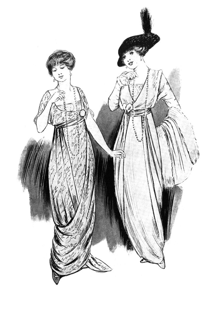 1913年1月15日号より。『VOGUE』に初めて掲載されたシャネルの帽子（右）。黒いサテンに羽飾りをあしらったこの帽子は、フランスの女優ガブリエル・ドルツィアットが舞台『Le Diable Ermite』で着用したもの。