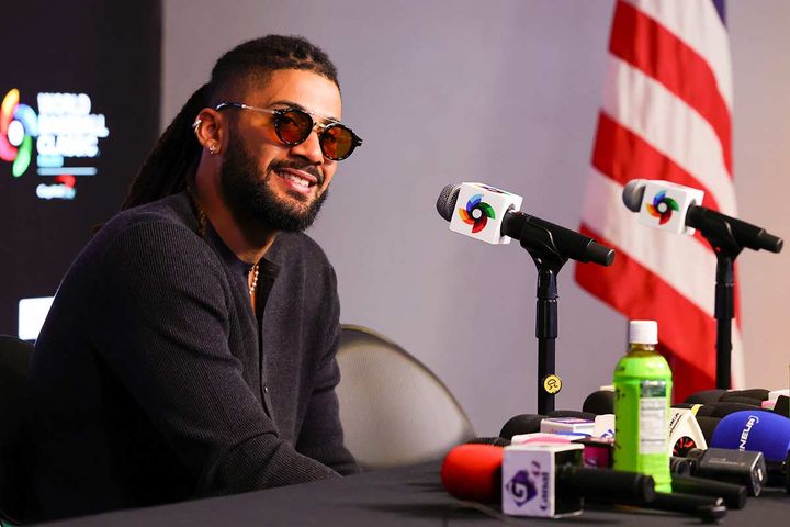 会見で笑顔を見せるタティスJr（C）Getty Images