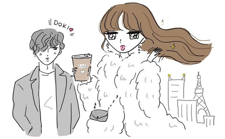 ツヤのあるロングヘアをなびかせた女性と、思わず見惚れる男性のイラスト。後ろ姿まで美しいアラサーの美髪をイメージ。