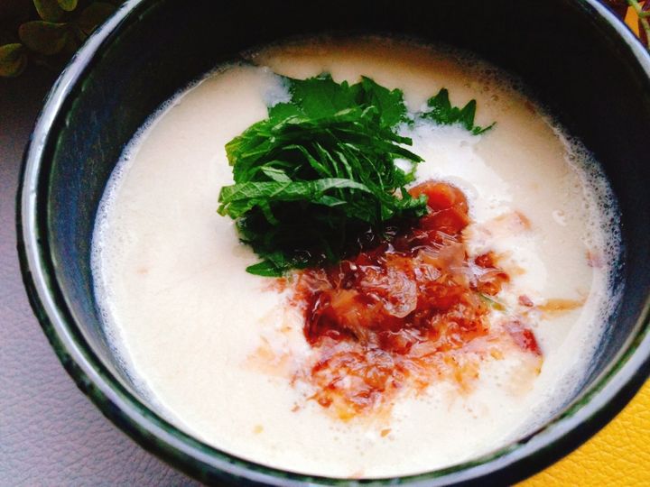 混ぜないこれポイント！ふわふわ梅しそ豆乳スープ