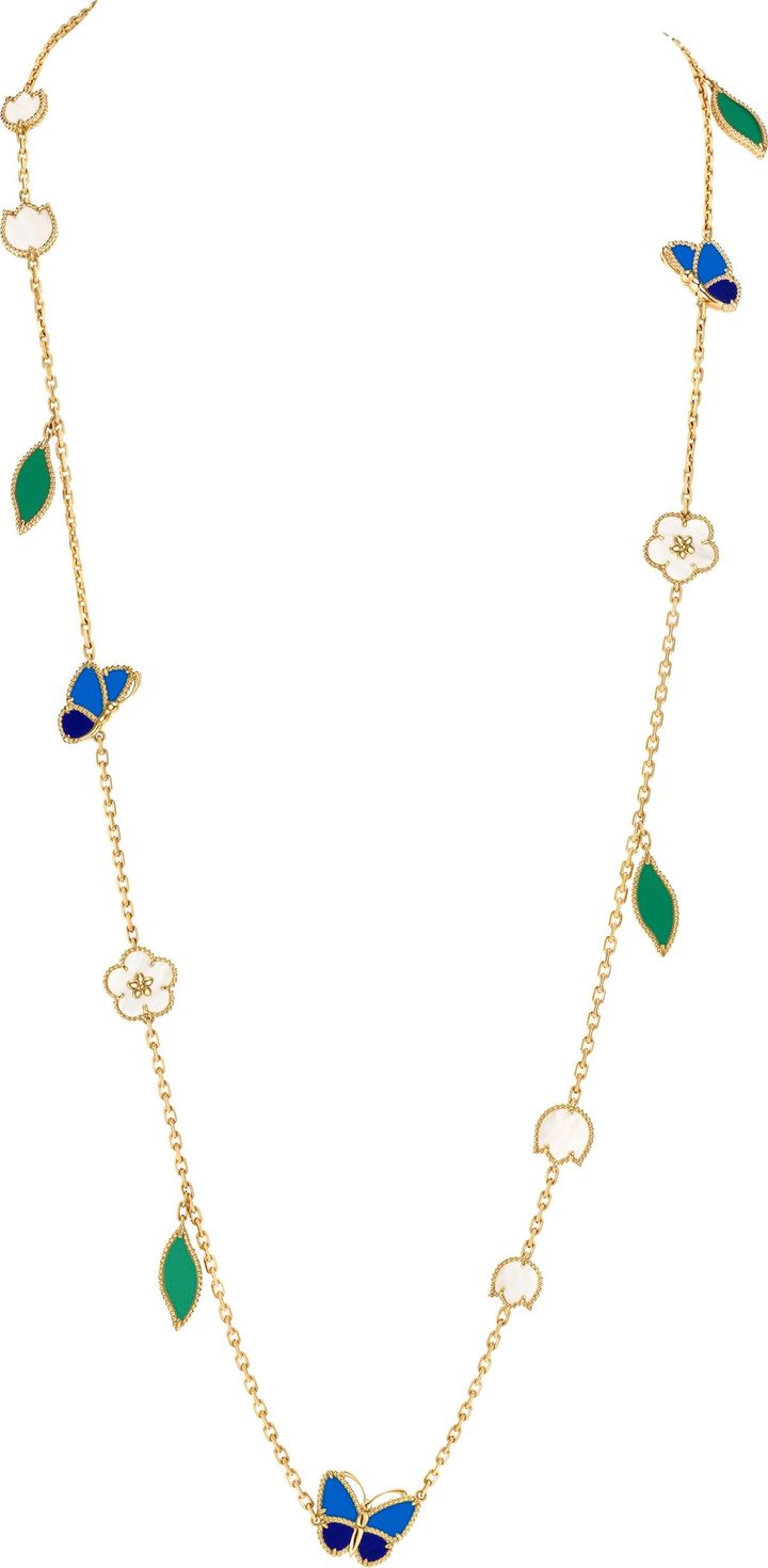 「ラッキー スプリング パピヨン」ロングネックレス 15モチーフ（YG×ラピスラズリ×ブルー＆グリーンアゲート×ホワイトマザーオブパール）￥3,524,400