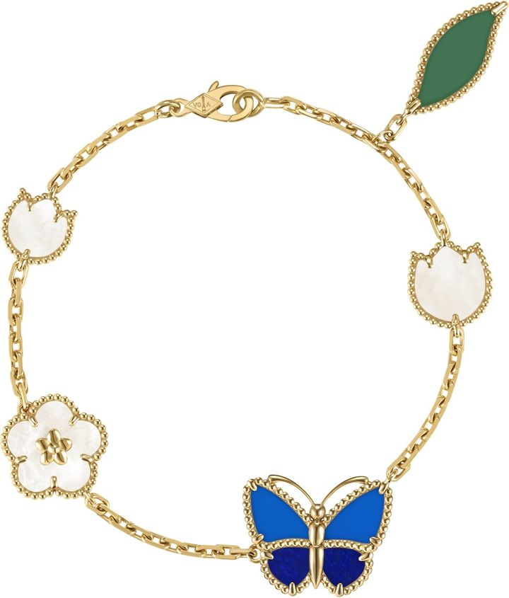 「ラッキー スプリング パピヨン」ブレスレット ５モチーフ（YG×ラピスラズリ×ブルー&グリーンアゲート×ホワイトマザーオブパール）￥1,082,400