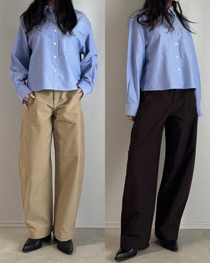 ユニクロジャージーバレルレッグパンツとオックスフォードシャツコーデ比較