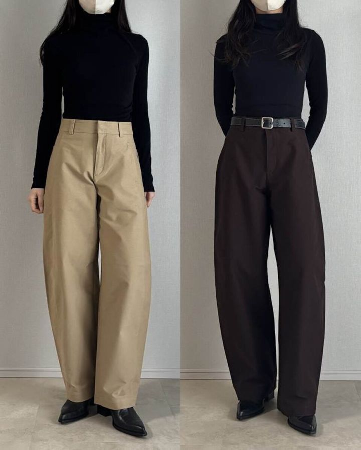 ユニクロジャージーバレルレッグパンツと黒ハイネックコーデ比較