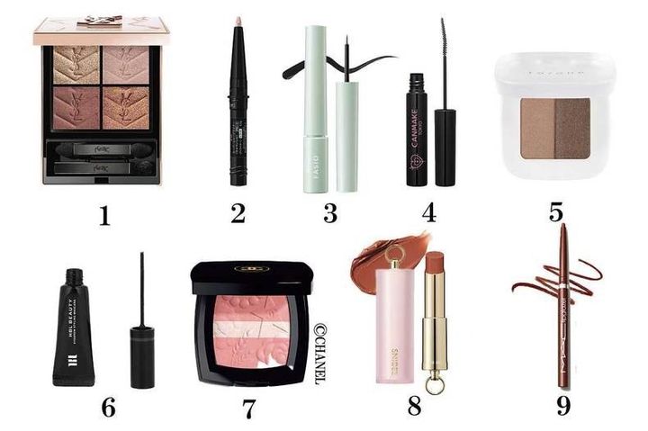 1 クチュール ミニ クラッチ〈コレクター〉 825 ￥11,440（数量限定）／イヴ・サンローラン・ボーテ 2 ケイト スーパーシャープライナー（ラメペンシル）レフィル PK-1 ￥1,210（編集部調べ）／カネボウ化粧品 3 ファシオ にじまない リキッド アイライナー 01 ￥1,430（編集部調べ）／コーセー 4 キャンメイク カールスナイパーマスカラ 01 ￥792／井田ラボラトリーズ 5 トーン ペタル フロートニュアンス アイブロウ 04 ￥2,750 6 HBL BEAUTY アイブロウ スタイリングマスカラ 02 ￥3,960 7 シャネル レ シーニュ ドゥ シャネル 997 ￥11,110（限定） 8 スナイデル ルージュ クチュール マット 04 ￥3,520／スナイデル ビューティ 9 M・A・C リップグレイザー マラケシュ ￥3,960