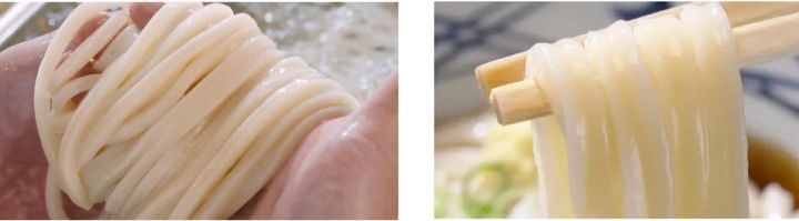 丸亀製麺のうどんを箸上げして見せている